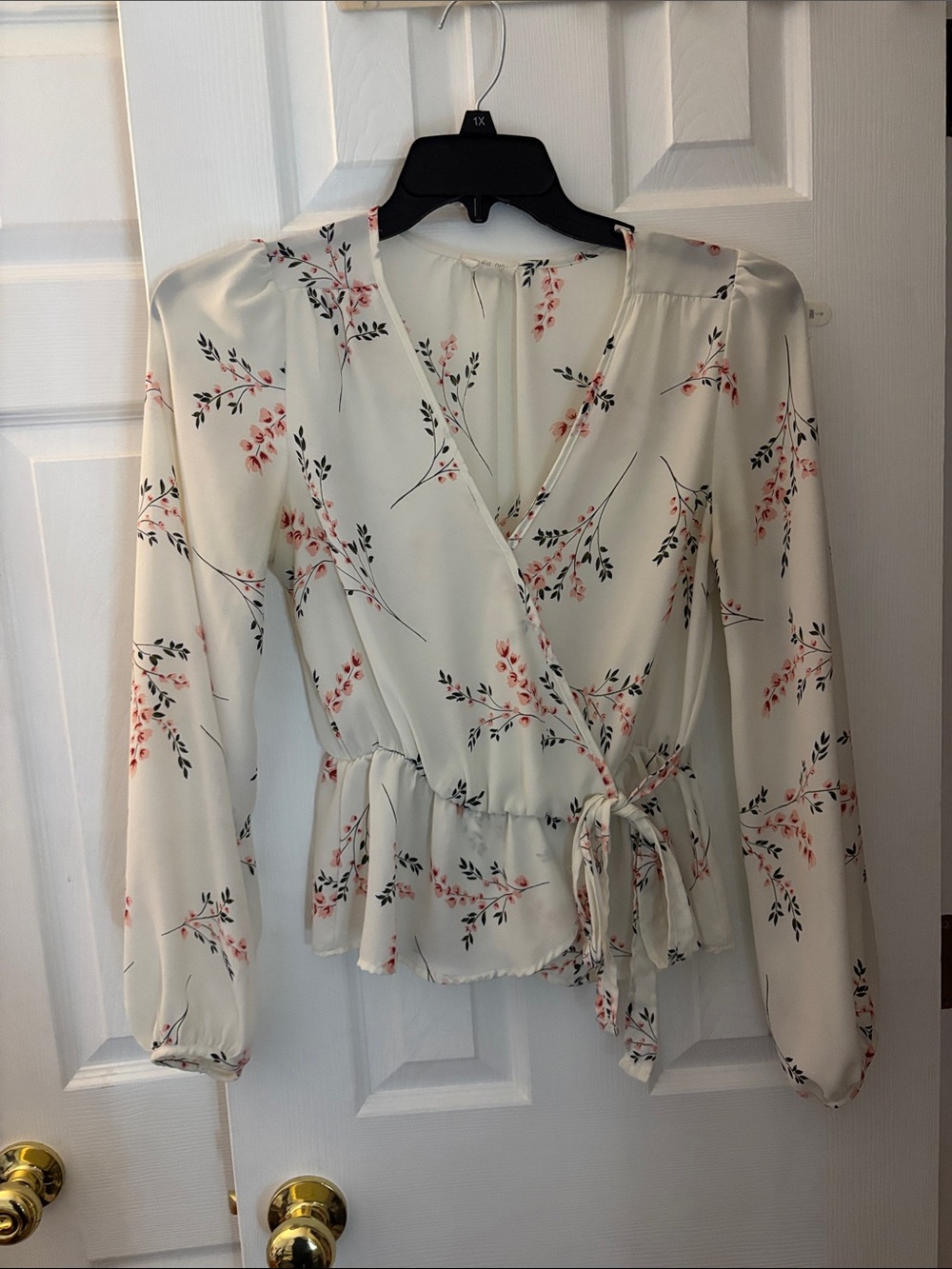 Cream Floral Wrap Peplum Blouse with Pink Accents
